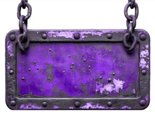 weathered metal plate purple sign distressed texture hanging by an old chain distressed with copy space 
