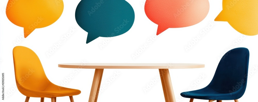 Poster a minimalist setting featuring a round table with two colorful chairs and speech bubbles, suggesting