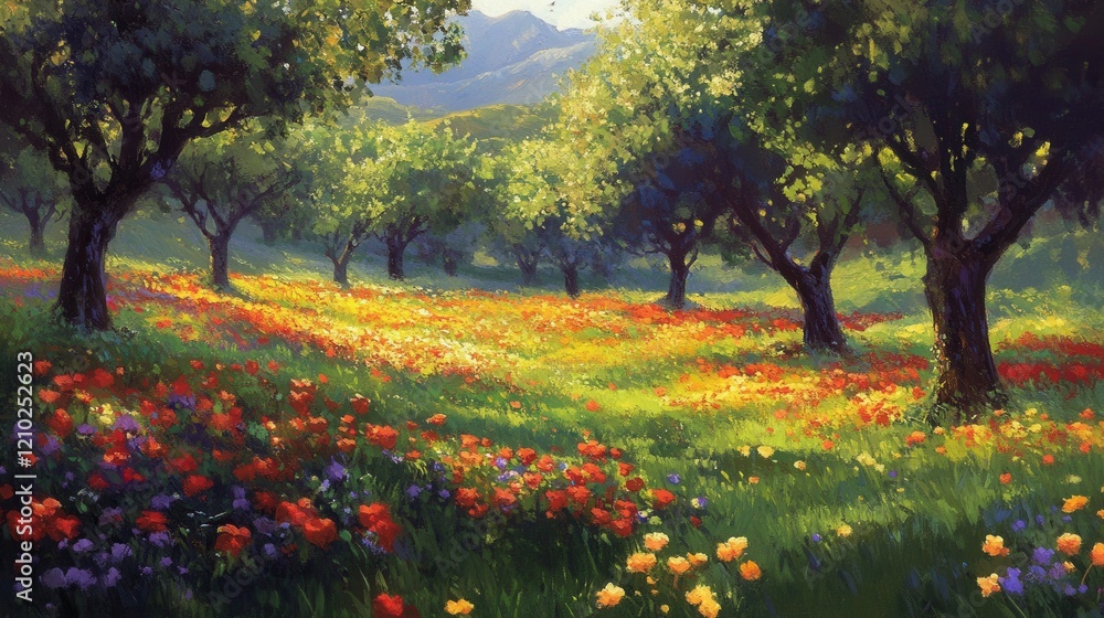 Poster spring field filled with vibrant blooming flowers surrounded by lush greenery and distant mountains