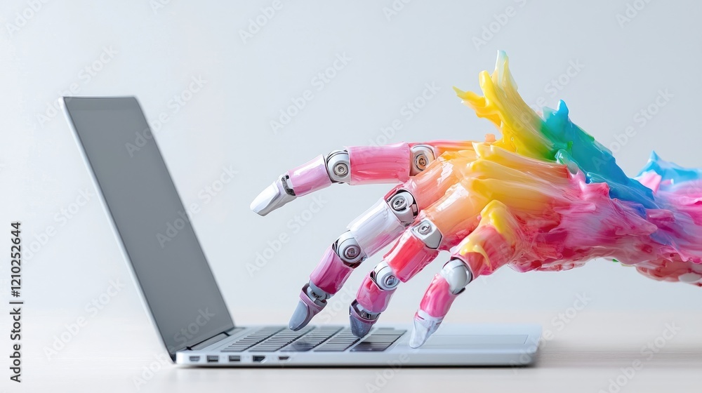 Poster colorful robot hand using laptop; digital art creation; light background; website design