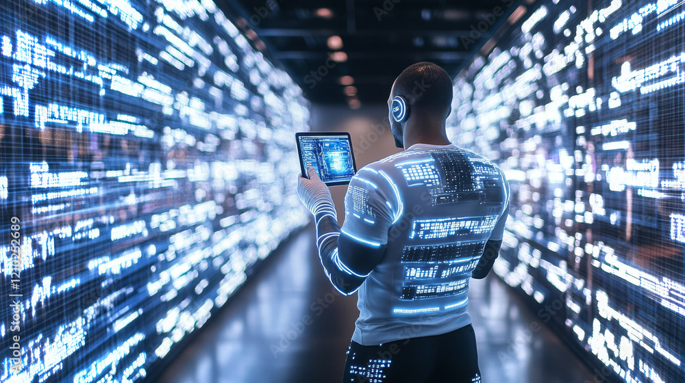 Poster boss navigates through virtual panels to analyze data in a futuristic setting