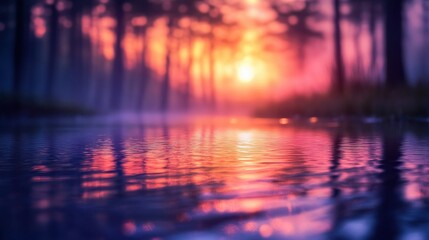 Tranquil dusk reflections over rippling water amidst a vibrant forest landscape