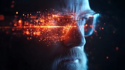 Man with glasses, futuristic digital overlay.
