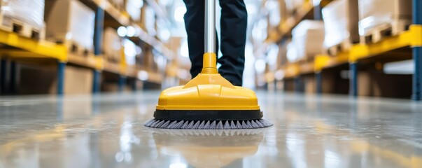 A person using a yellow floor sweeper in a warehouse filled with shelves and boxes, emphasizing cleanliness and maintenance.