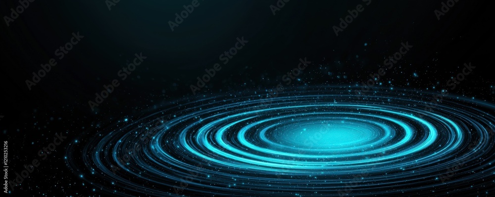 Poster a serene, dark background features glowing blue concentric circles, resembling ripples on water, cre