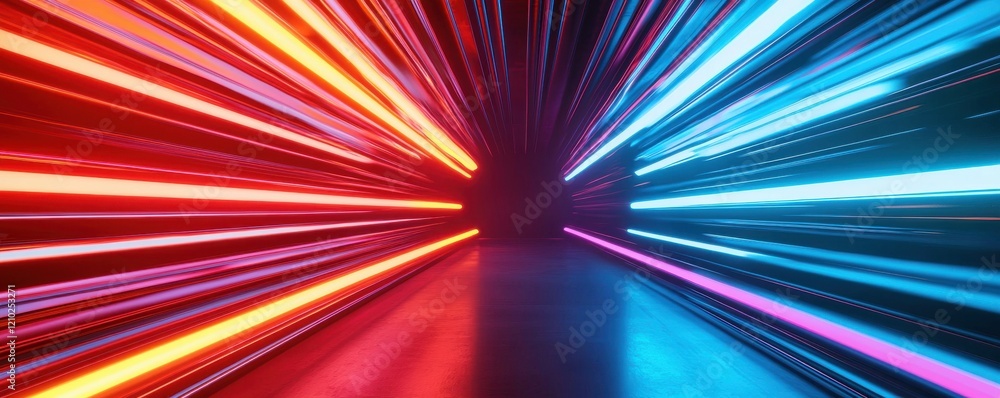 Poster a vibrant display of red and blue light streaks converging towards a dark center, creating a dynamic