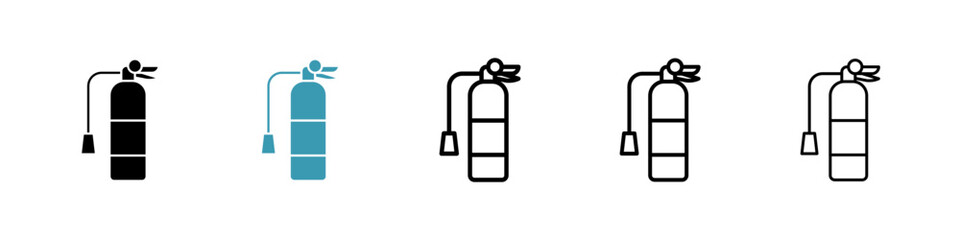 Fire extinguisher icons set in black filled and stroke line style
