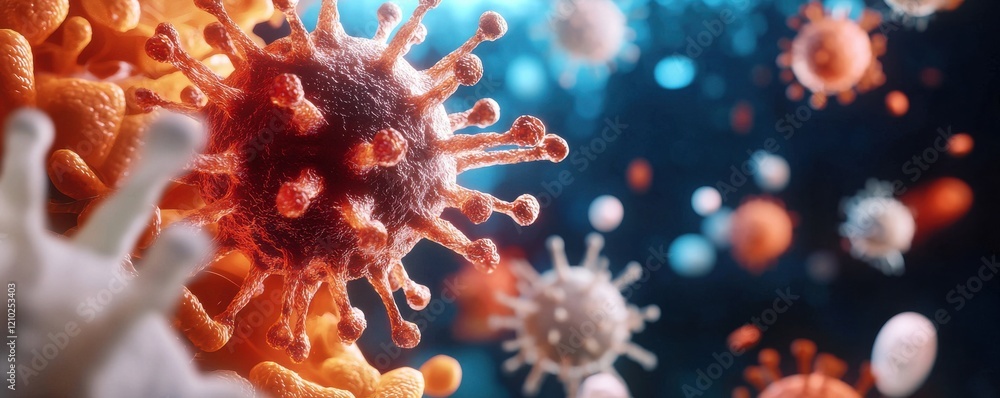 Poster a colorful depiction of microscopic viruses, showcasing their intricate structures and emphasizing t
