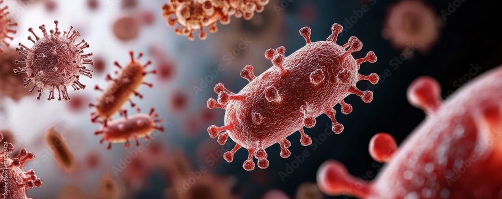 Poster a close-up, 3d rendering of bacteria and viruses, showcasing their intricate structures and textures