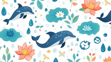 Fototapeta premium Eco Serenity with Dolphin, Water Drop, Lotus, and Recycle Symbol Small Design Seamless Pattern on White Background