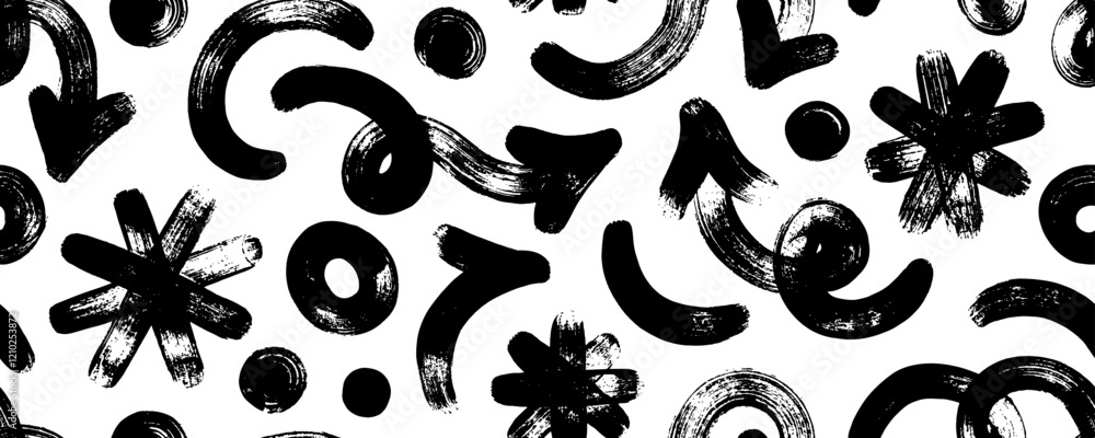 Fototapete brush drawn various bold geometric shapes seamless pattern. spiral arrows, asterisks, circles, dots 