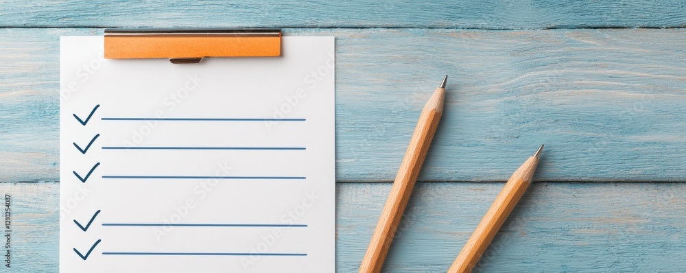 Poster a clean checklist on a wooden surface with two pencils, perfect for organizing tasks and enhancing p