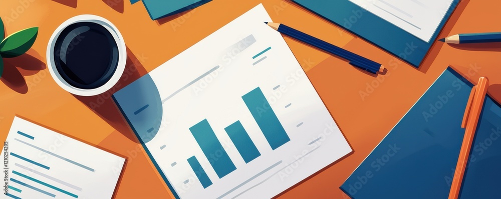 Poster the image features a workspace with graphs, documents, and stationery, highlighting productivity and