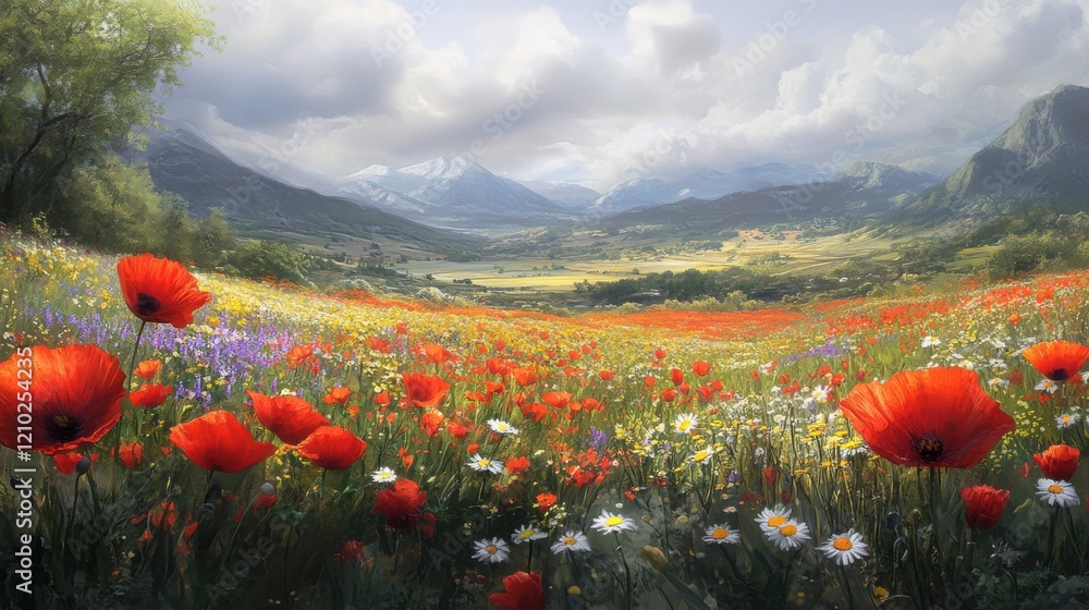 Poster sprawling wildflower field during spring with vibrant colors and mountainous landscape in the backgr