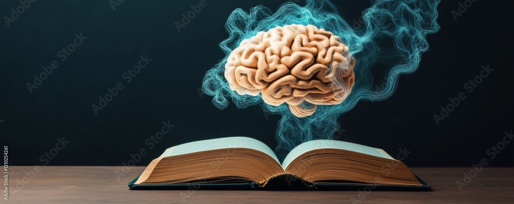 Poster an open book with a brain floating above it, surrounded by a smoky effect, symbolizes knowledge, lea
