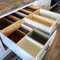 Organized kitchen drawers with various wood finishes and colors, showcasing modern design. empty drawers highlight spacious storage options available