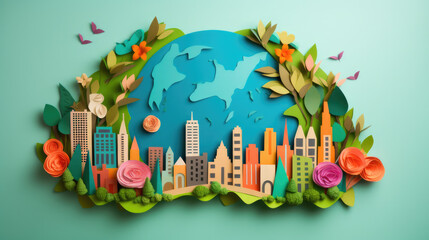 Paper Miniature Eco-Village featuring houses, trees, and nature elements on a spherical surface, surrounded by flying birds, symbolizing sustainability and harmony. World Habitat Day. Arbor Day. 