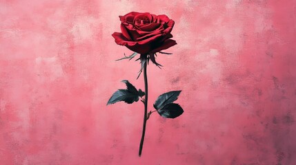 Elegant Single Red Rose Illustration on Radiant Pink Background for Valentine's Day or Romantic Designs