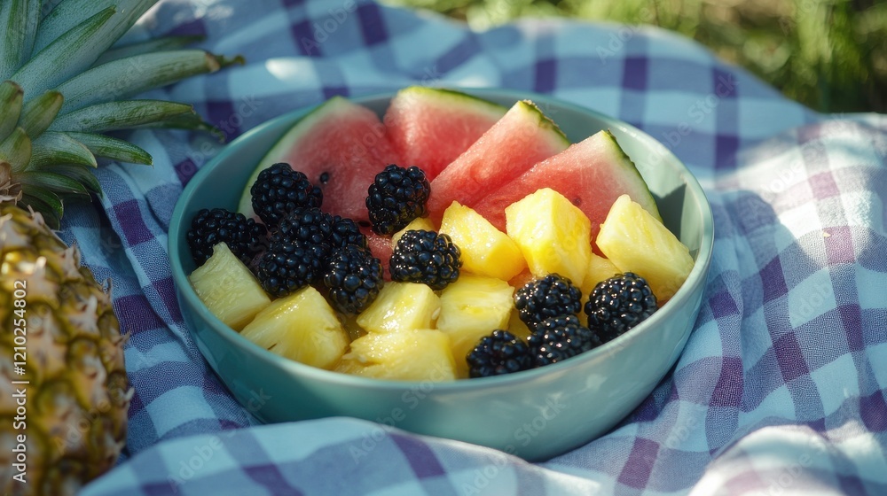 Poster picnic setup featuring a colorful bowl of fresh fruit on a checkered blanket in a sunny outdoor sett