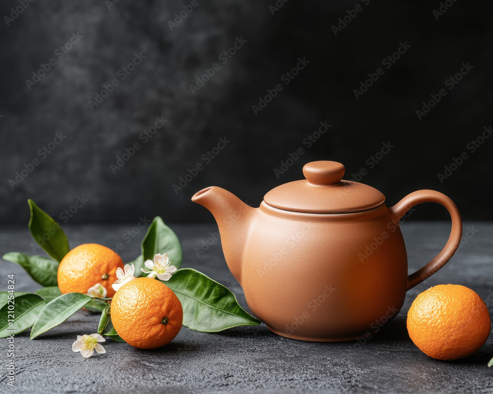 Poster close up view of teapot surrounded by fresh oranges and green leaves, creating warm and inviting atm