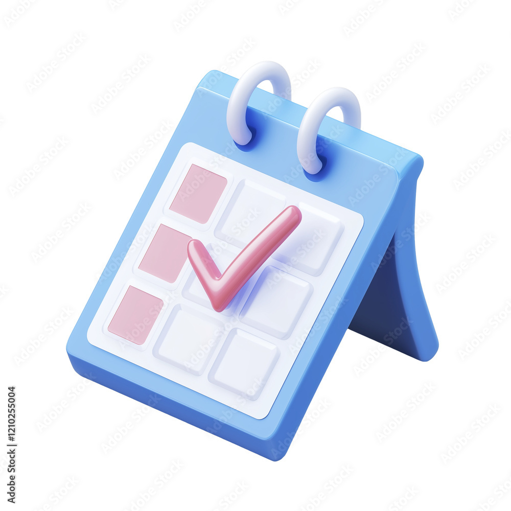 Poster 3d blue calendar icon with check mark, isolated on transparent background