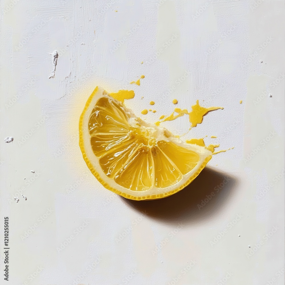 Poster bright yellow lemon slice on a white surface with juice splatter captured in a vibrant close-up at m