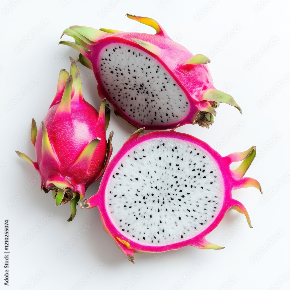 Poster vibrant dragon fruit slice showcasing unique appearance and texture in a bright and minimalist setti