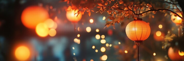 Glowing Lanterns Hanging in Tree Branches at Night