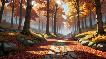Sunlit autumn path through a vibrant forest, stone walkway covered in fallen leaves.  Magical, serene autumnal landscape.