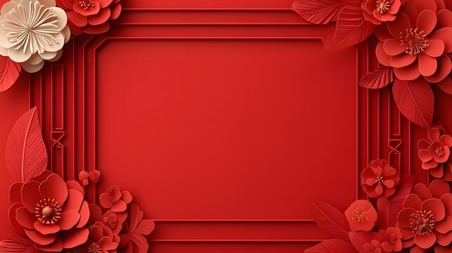 Elegant and Luxurious Chinese New Year Wallpaper with Intricate Floral Patterns and Geometric Lattice Designs Framing a Faint Center Line Pattern on a Vibrant Red Background