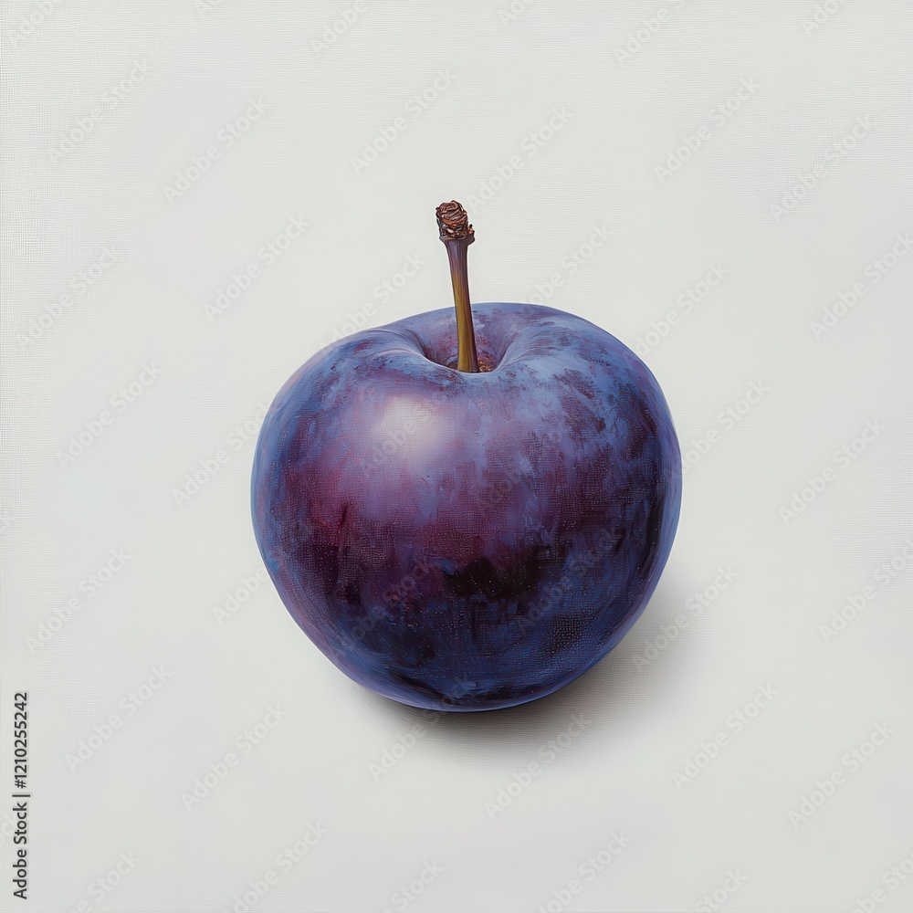 Poster ripe plum with deep purple skin resting on a smooth white surface in a bright and simple setting