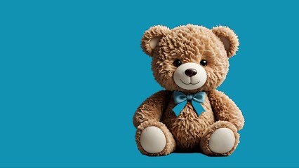 Obraz premium Adorable brown teddy bear with a teal bow, sitting against a vibrant teal background. Perfect for children's products, websites, or blogs.