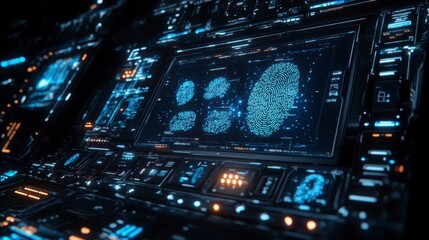 Obraz premium Futuristic Digital Interface Showing Fingerprint Biometric Scans and Data Analysis