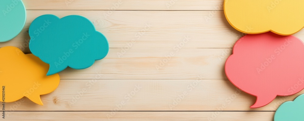Poster colorful speech bubbles on a wooden surface, creating a vibrant and playful atmosphere for communica