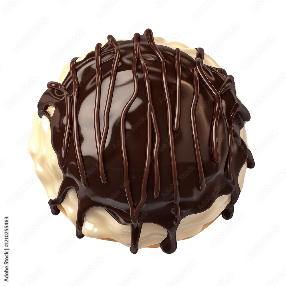 Poster A close-up view of a cream-filled cookie generously coated in dark chocolate with drizzled lines.