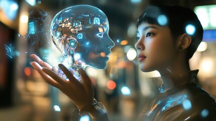 Futuristic holographic head interface meets human gaze.