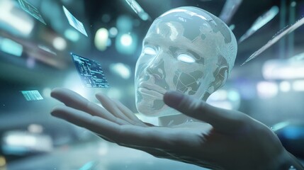 Futuristic human head holograph in open hand