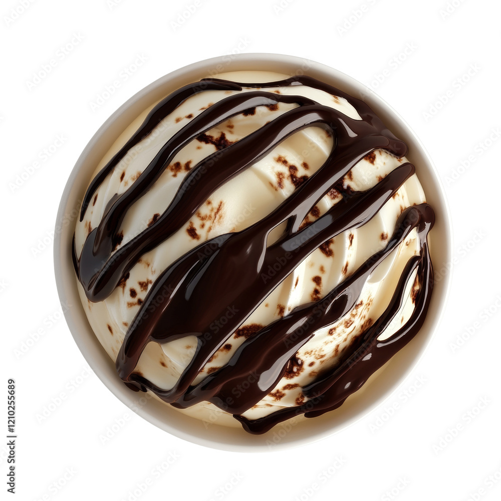 Poster a top view of a bowl of vanilla ice cream generously drizzled with rich dark chocolate sauce.