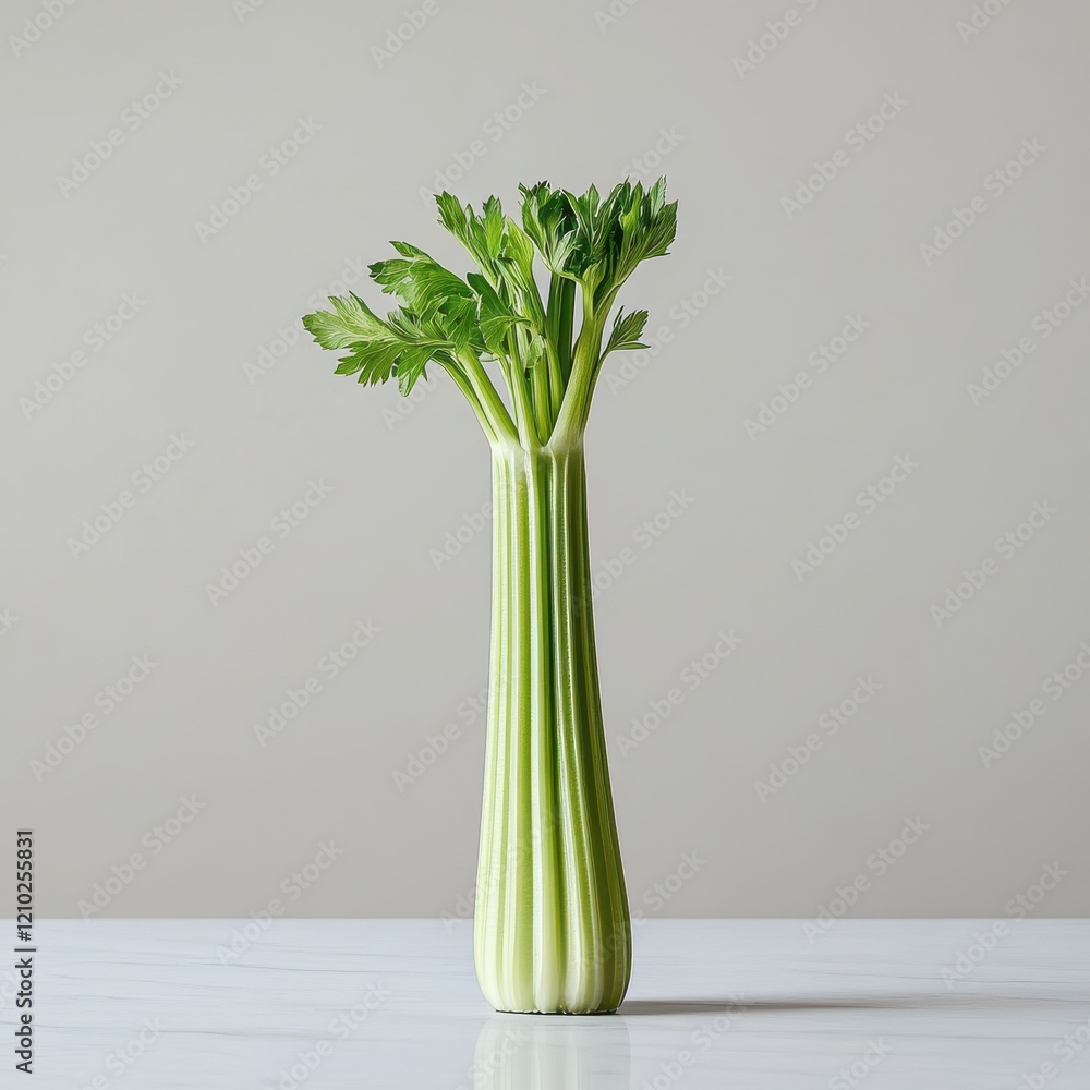 Poster fresh green celery stalk standing upright on a white surface with a clean background