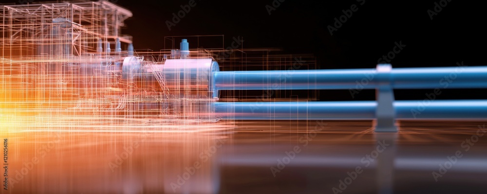 Poster a digital representation of a futuristic structure with glowing elements and a sleek design, emphasi