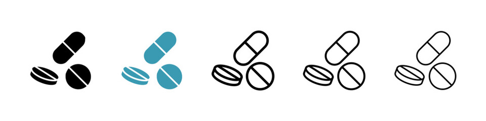 Painkiller pills icons collection in black and blue colors