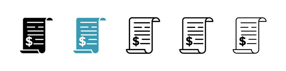 Paper check receipt icons collection in black and blue colors