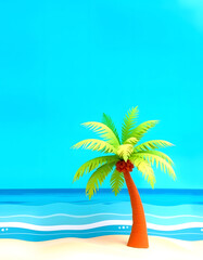 Palm tree on the sand of the beach. Vacation scene with palm on the shore line., papercraft, with white tones