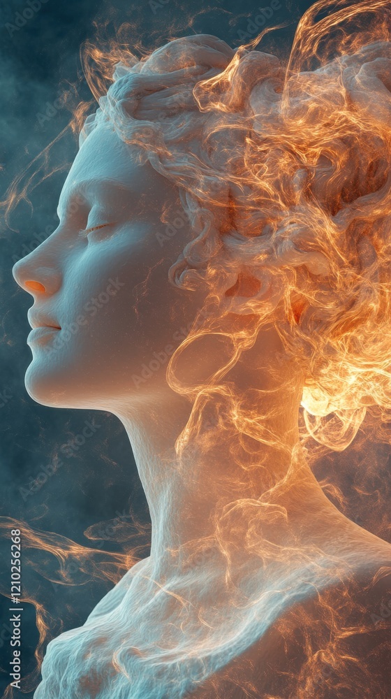 Poster visualization of a serene woman's profile surrounded by ethereal flames in a tranquil setting at dus