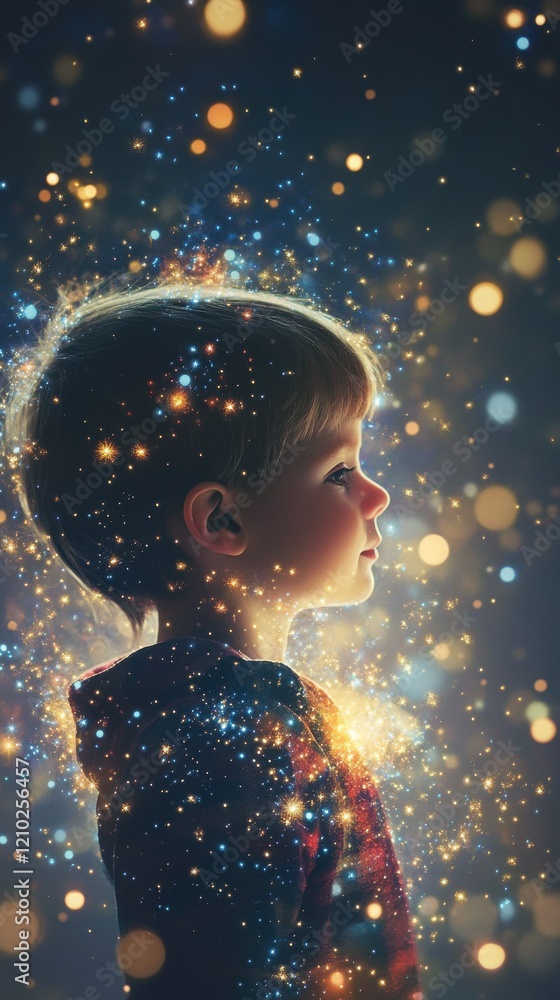Poster child glowing with cosmic energy reflecting wonder and imagination in a dreamy background filled wit