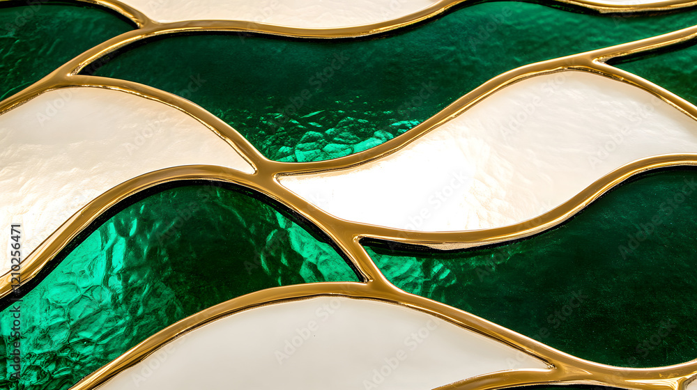 Poster a dynamic abstract design featuring cascading wave patterns in metallic gold, soft ivory, and deep e