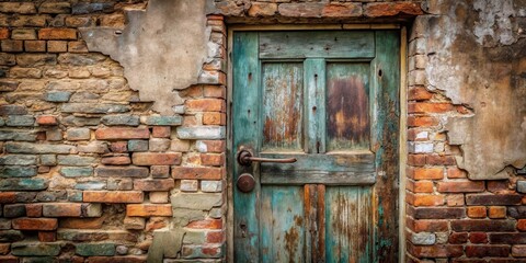 Rustic Weathered Door in a Crumbling Brick Wall