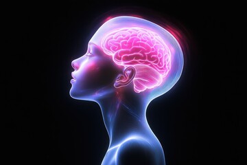 Radiant brain in profile view with a neon glow effect