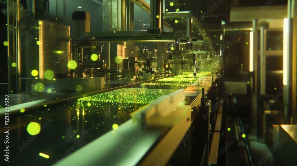 Poster automated robotic arms assembling microchips on a futuristic conveyor belt inside a high tech factor