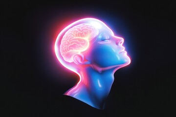 Illuminated brain head tilted in artistic ascent